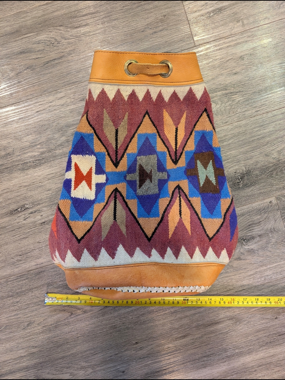 Wool Drawstring Backpack From Ecuador in Rust, Blue & Tan - Picture 5 of 5